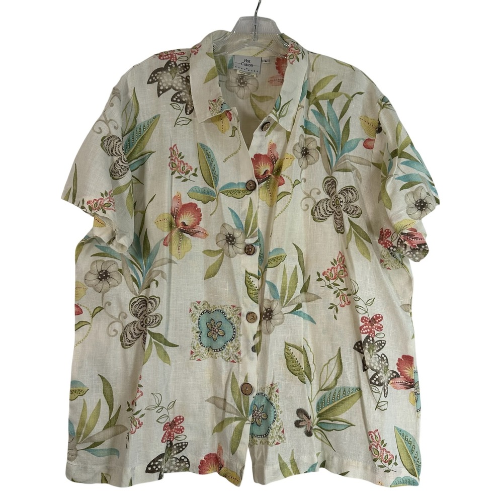 Hot Cotton by Marc Ware Linen Floral Butterfly Button Up Shirt Large Made in USA